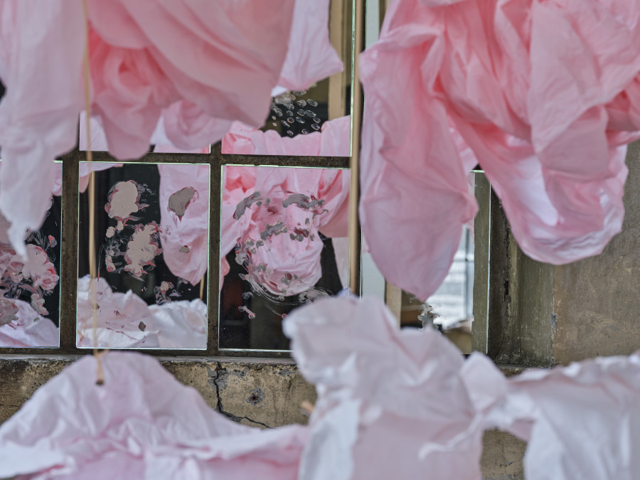 Karla Black, 'Looking Glass (picture grid)', 2025, installation view 'Karla Black', Kunstraum Dornbirn 2025, Photo Günter Richard Wett, © Karla Black, Courtesy Galerie Gisela Capitain, Cologne and Modern Art, London.