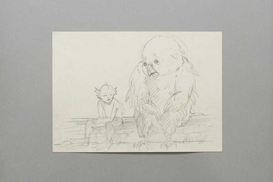 Michele Gabriele, “La colpa”; from the Solo Show “Brambora” at Kaly Gallery, Lucerne, CH, Pencil on paper, 8 1/4 x 11 3/4 in, 21 x 29.7 cm, 2025. Courtesy of the Artist and Kali Gallery. Photo by Kim da Motta