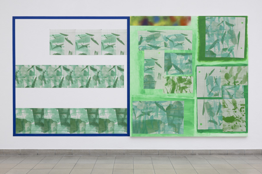 Rochelle Feinstein, The Today Show, installation view, Kunsthaus Glarus, 2025. Photo: Gina Folly. Courtesy the artist and Candice Madey Gallery. Trauma Buddies, Green, 2024, UV print on fabric, blue painters tape, 213.4 x 208.3 cm / 84 x 82 in. Present Conditional (LK), 2024, Acrylic, acrylic spray paint, silkscreen on muslin on canvas, 213.4 x 208.3 cm / 84 x 82 in