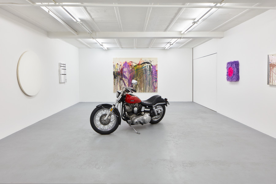 Exhibition view, John Armleder, Sylvie Fleury & Olivier Mosset, galerie lange + pult, 2024. Photo credit: Sully Balmassière