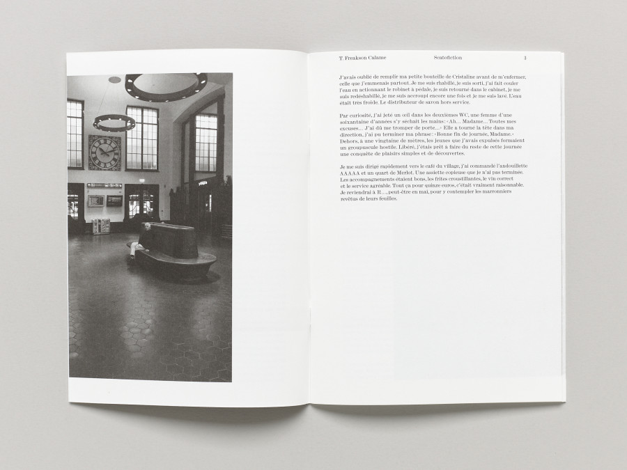 T. Freakson Calame, SCATOFICTION, Before publication 13, brochure, 32 pages, single booklet, 17,2 × 23,5 cm, offset, stapled binding, 250 copies. Graphic design: Niels Wehrspann, Lausanne. Edition of the Centre d’édition contemporaine, Geneva, 2025. Courtesy Centre d’édition contemporaine, Geneva. Photo : © Sandra Pointet