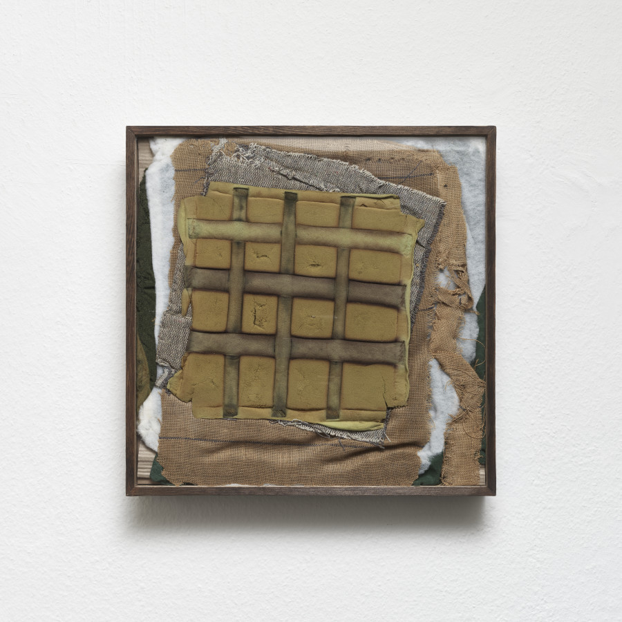 Mónica Mays, Bottoms I, 2025, insides of found chairs, wood, glass, 66 x 66 x 9 cm. Blue Velvet, Zurich, Switzerland, 2025, Photo: Felix Jungo