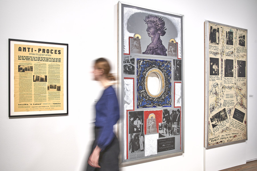 Installation view of the exhibition Jean-Jacques Lebel with Anti-Procès 2, 1960 (left) and L'enterrement de la Chose (Venise, 1960), avec fenêtre, 1991 (middle) by Jean-Jacques Lebel. © 2022 Museum Tinguely, Basel; photo: Daniel Spehr