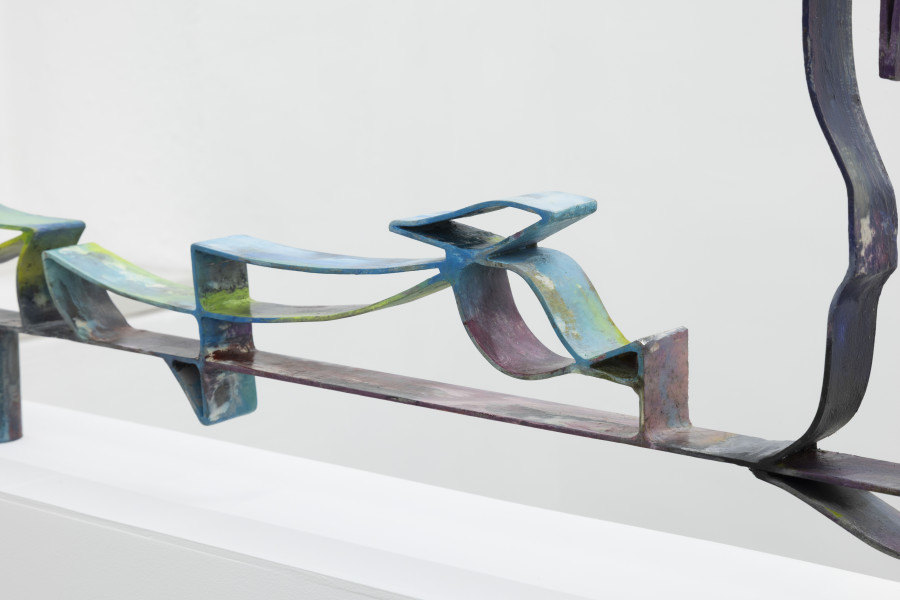 Héloïse Chassepot, London skyline, in real flesh, Metal, oil paint, vanish, 16 1/8 × 116 17/32 × 1 9/16, 41 × 296 x 4 cm, unique, 2025. KALI Gallery, Luzern, 2025. Credit photo: Liv Burkhard