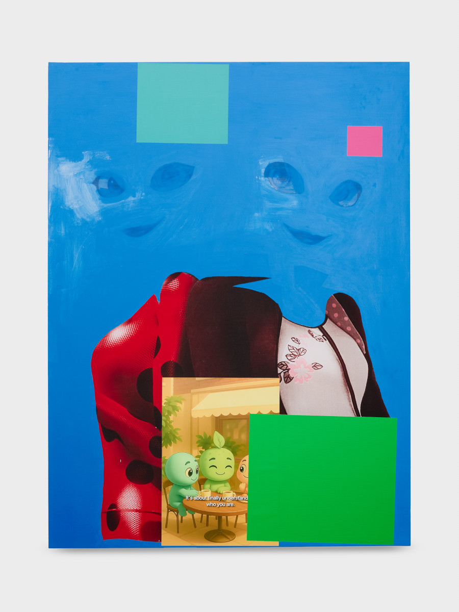 Angélique Heidler, Ladybug (make a wish), 2026. Acrylic and collage on textile. 131 × 96.5 cm. Photo credit: Philipp Rupp