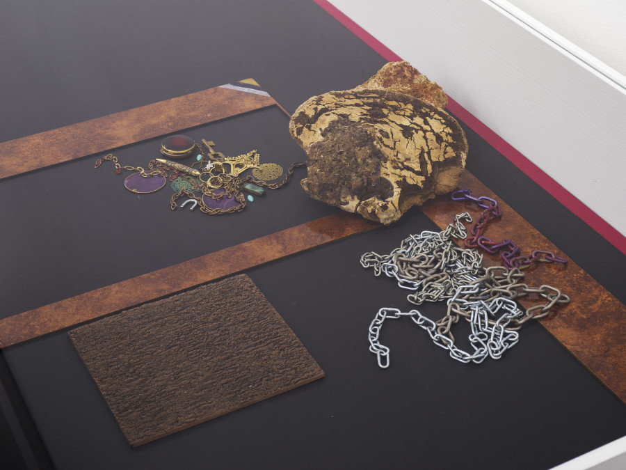 Isabelle Cornaro, (Composition) (detail), 2024, Objects in vitrine, mixed media, 88 x 190 cm