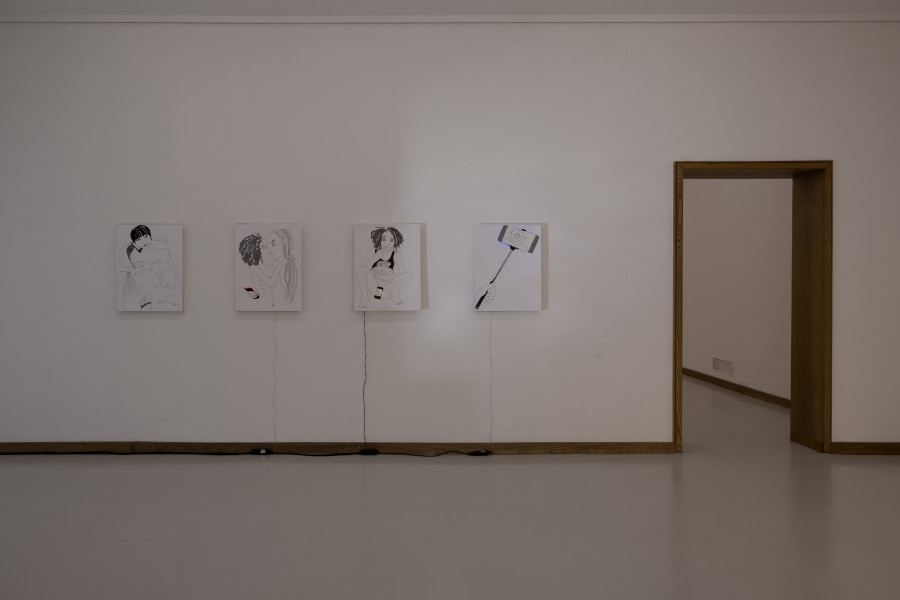 Linda Bilda, Die goldene Welt, installation view, Kunsthaus Glarus, 2025. Photo: Gina Folly. Digital Question 1-4, 2018, 3D drawing, ink and fiber pen on paper, ca. 65 x 50 x 4 cm (each), Estate Linda Bilda