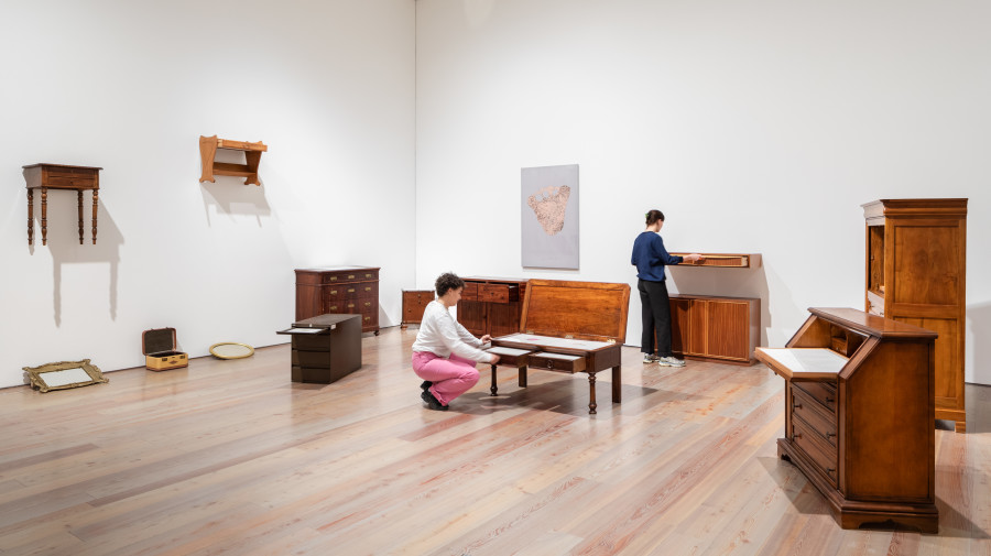 Temitayo Ogunbiyi, You will find new framing in crafts of old, 2023 Pencil, watercolour, ink and acrylic on herbarium paper, second-hand furniture. Installation view Temitayo Ogunbiyi. You will follow the Rhein and compose play at Museum Tinguely, Base!, 2023. © Courtesy the artist, photo: Museum Tinguely, Base!, Bettina Matthiessen