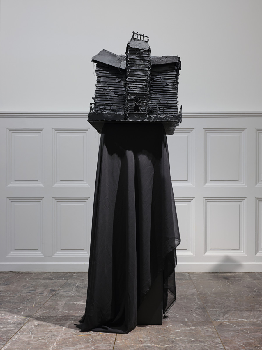 Exhibition View, ‘Stitches: A Haunted House and Other Ghost Stories’ at the Villa Bernasconi, 2026 / Photo by Nicolas Delaroche Studio. Gregory Tara Hari, The Victorian House, 2026, paint, acrylic varnish, wood, sound. Sound: Thom Driver