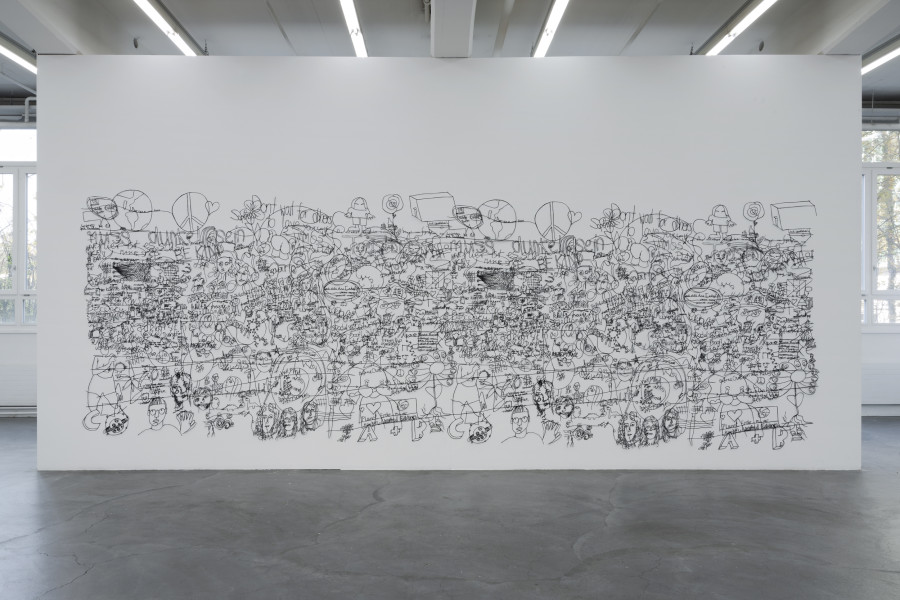 Anita Kuratle, Voices (Dokumenta fifteen), 2023, Papier, 720 x 240 cm. Installation view Kunsthaus Baselland. Photo: Gina Folly