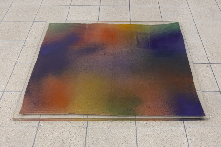 Rochelle Feinstein, The Today Show, installation view, Kunsthaus Glarus, 2025. Photo: Gina Folly. Courtesy the artist and Candice Madey Gallery. Embedded, 2024, Acrylic, enamel spray and paint on drop cloth, resin, 127 x 130 cm / 50 x 51 in