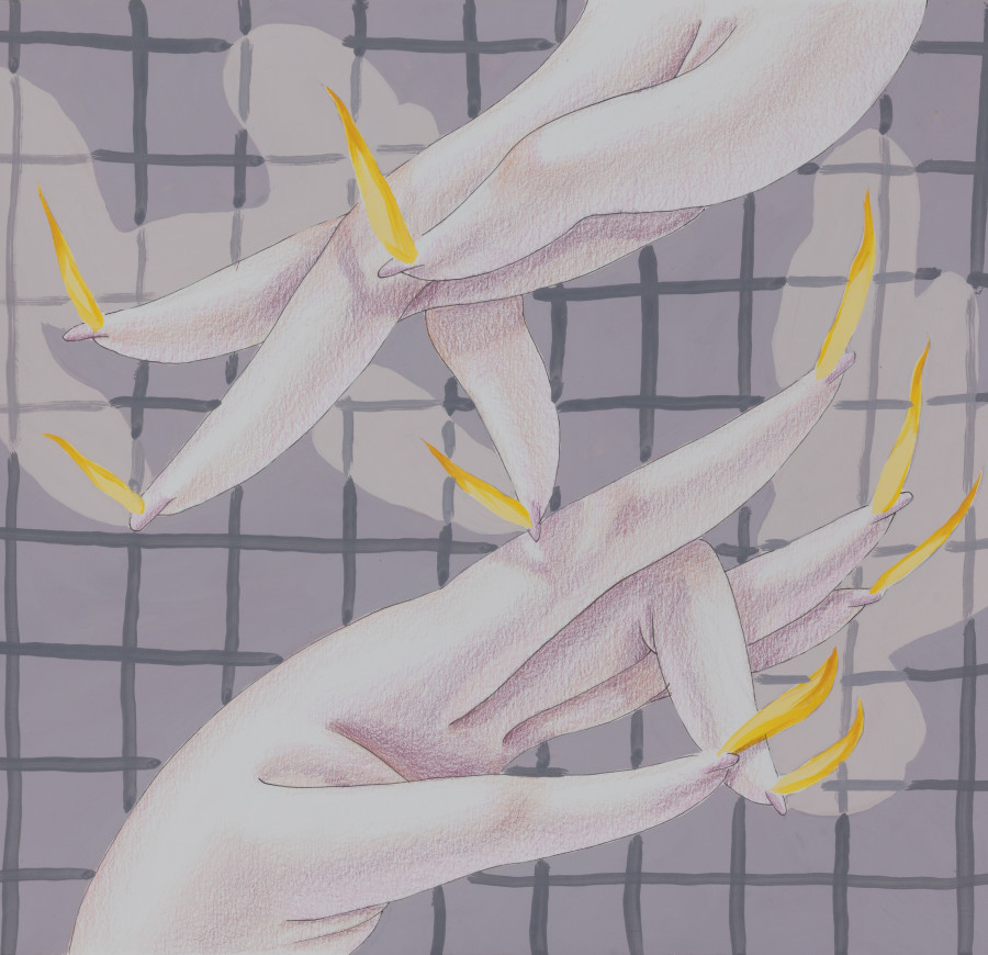 Sarah Slappey, Lavender Grid Flame Fingers, 2020. Colored pencil, pen and gouache on paper, 27.9 x 31.1 cm, 11 x 12 1/4 in. Photo Credit: Annik Wetter.