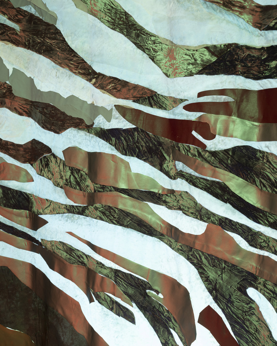Jessica Decorvet, Paysage impossible, Exhibition view, 2026, Ferme de la Chapelle. © Photo by Dylan Perrenoud. Paysage impossible, 2026, fabrics glued onto printed spinnaker cloth (detail).