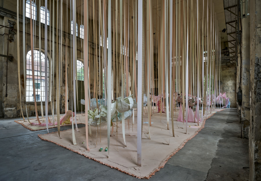 Karla Black, 'Safety As A Stance', 2025, installation view 'Karla Black', Kunstraum Dornbirn 2025, Photo Günter Richard Wett, © Karla Black, Courtesy Galerie Gisela Capitain, Cologne and Modern Art, London.