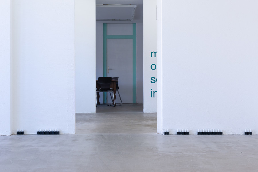 Exhibition view, Moniker, HAMLET, Zürich, 2025. Gaia Del Santo, black essie series, 2024 - ongoing, 48 Essie nail polishes with individual titles (postmemoiristic, prada, promise; temu twenties, site-genericity, west village, boyfriend in private equity, brand new, so you, zany, lipgloss mold, absence; difference, repetition; high fashion, post-fordism, ego death, style, object; contempo-casual, chance, desire, subject-centered inquiry, eye, vanish into you, perfect celebrity, snapchat surgery, copyright, archetype; matcha shortage, flat lay, romanticism)