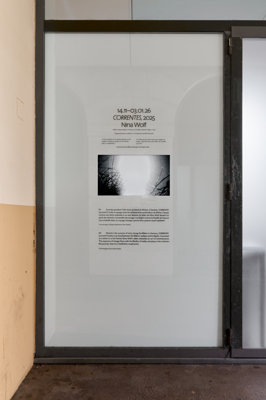 Exhibition view, Nina Wolf, CORRENTES, Halle Nord, Geneva, 2025. Photo credit: © Thomas Maisonnasse / Halle Nord, 2025