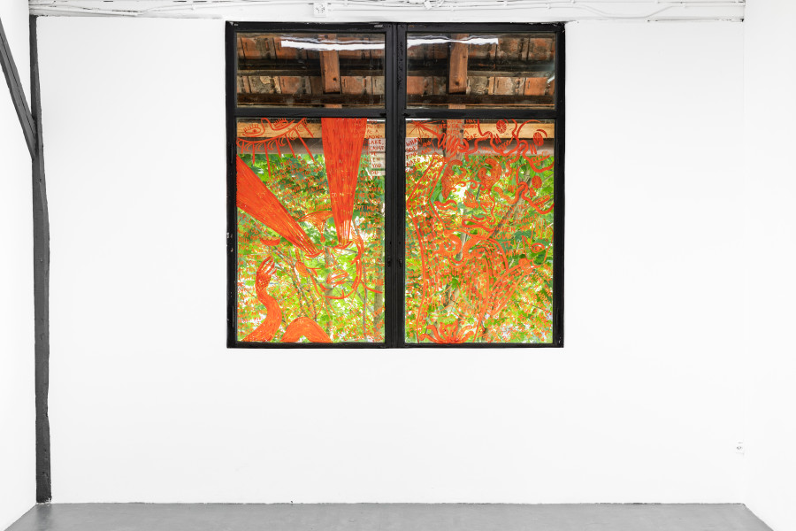 Left: Leila Peacock, Psychomachia - Pick-up..., 2023, Cel-vinyl paint on glass, 85 x 127 cm. Right: Leila Peacock, Psychomachia - Un-jokes..., 2023, Cel-vinyl paint on glass, 85 x 127 cm. Photo: Kilian Bannwart