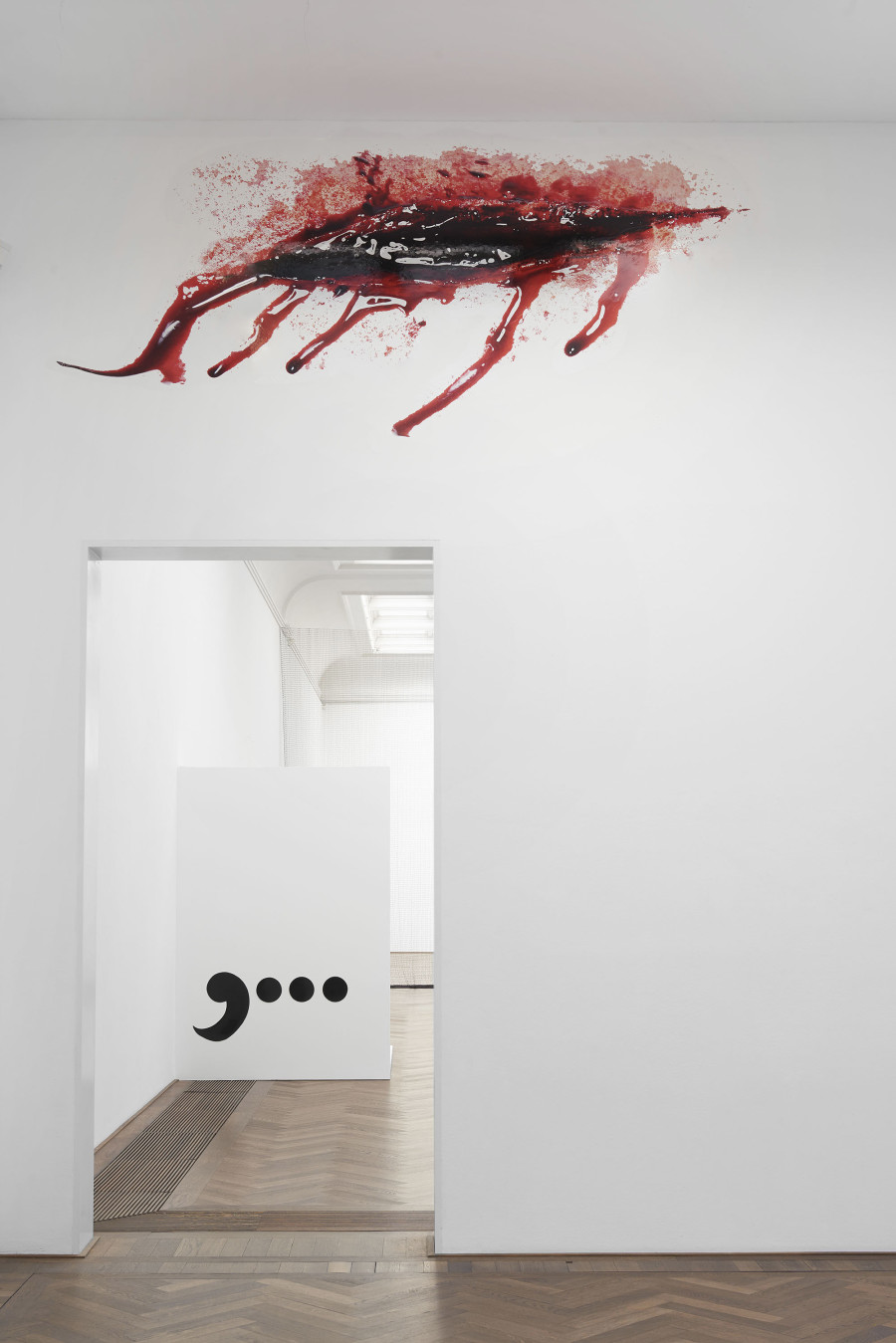 Installation view, Bizarre Silks, Private Imaginings and Narrative Facts, etc., an exhibition by Nick Mauss, view on (front) Georgia Sagri, Deep Cut, 2018, and (back) Ketty La Rocca, Comma with 3 dots, 1970, Kunsthalle Basel, 2020. Photo: Philipp Hänger / Kunsthalle Basel