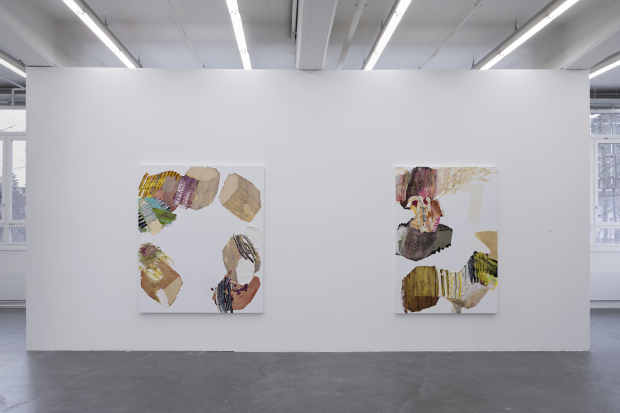 Pia Fries, maserzug 1, 200 x 170 cm. Ölfarbe und Siebdruck auf Holz. Courtesy Privatsammlung Basel; tonstich lo, 2008, Ölfarbe und Siebdruck auf Holz, 200 x 140 cm. Courtesy Pia Fries Ausstellungsansicht / Installation view Kunsthaus Baselland 2023. Foto / Photo: Gina Folly © Pia Fries / 2023 ProLitteris, Zürich