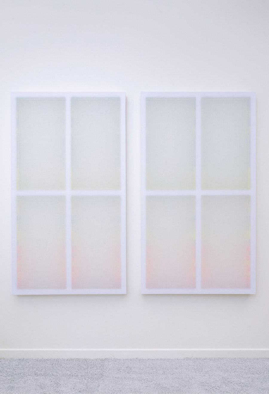 Patric Sandri, Untitled (ReflectionVWS231118AJRT), Acrylic on wood construction behind transparent trevira fabric, 160 x 90 x 9 cm each, 2024. Photo: Oliver Kümmerli / Courtesy: The artist and Die Mobiliar