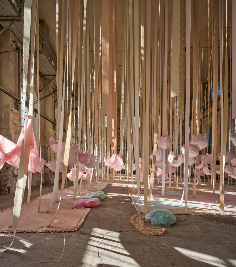 Karla Black, 'Safety As A Stance', 2025, installation view 'Karla Black', Kunstraum Dornbirn 2025, Photo Günter Richard Wett, © Karla Black, Courtesy Galerie Gisela Capitain, Cologne and Modern Art, London.