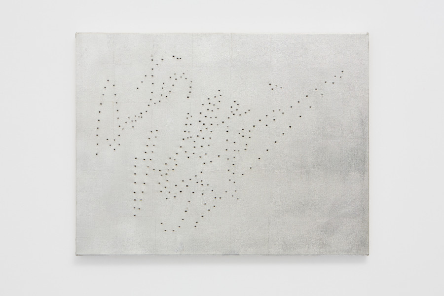 Valentina Vaccarella, Possession, 2026. Silver leaf and holes on canvas. 48 × 63.5 cm. Photo credit: Philipp Rupp