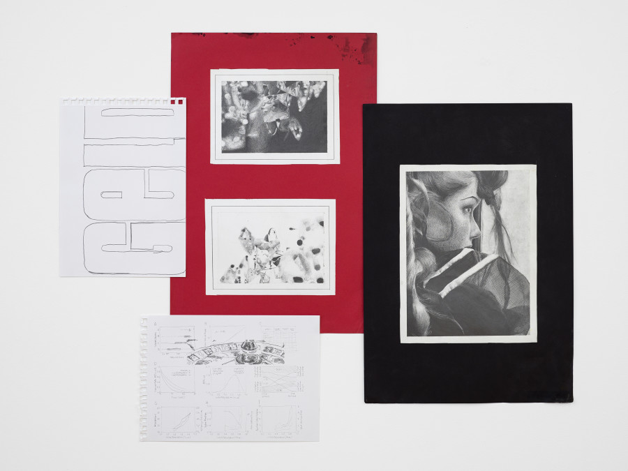 Virginia Ariu, Exercise No. 1, 48.8 × 34.5 cm, 2007; Exercise No. 2, 49.8 × 35 cm, 2007, Pencil on paper, coloured paper; Geld, 29.8 × 21 cm, 2023; Quantifying Reputation and Success in Art, 29.8 × 21 cm, 2023, Pencil on paper / Photo: Cedric Mussano / Courtesy: The artist and Kirchgasse Gallery, Steckborn