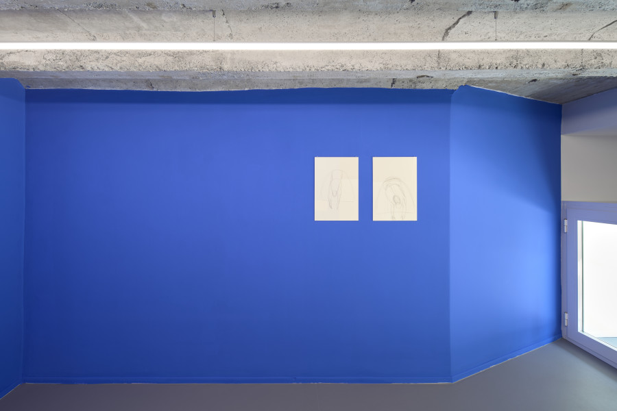 Andrea Büttner, Beelitz Juni 2020, 2020, pencil on paper, 44,2 x 30,5 cm each. Untitled (Blue Wall Painting), 2023, interior emulsion paint, dimensions variable, Ed. of 5. Photo: Max Ehrengruber, Courtesy of the artist and Galerie Tschudi