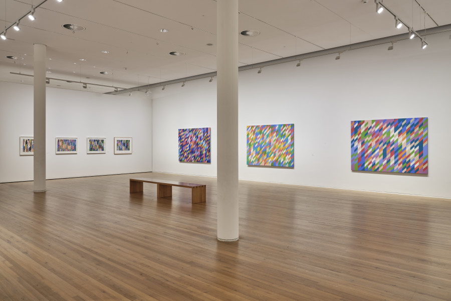 Exhibition view, Bridget Riley, Looking and Seeing, Doing and Making, Zentrum Paul Klee, 2022. Photo: Rolf Siegenthaler, © Zentrum Paul Klee, Bern.