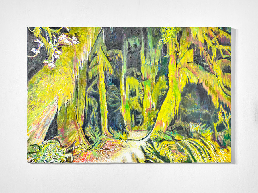 Almost tender, Exhibition view, 2026, Ferme de la Chapelle. © Photo by Nicolas Delaroche Studio. The Company of Wolves, 2026, acrylic and oil on canvas, 100 × 150 cm