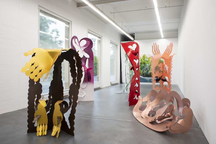 Ramiro Oller, Orquidean entity with irritated tongues; Entre los indios; Rathaus; Born in tongues; Begin beggin being often offer of her; Extract of Arlesheim, all 2023 Installation view EL GRAN GRITO, Graduation Exhibition Bachelor and Master Institute Art Gender Nature HGK Basel FHNW, Kunsthaus Baselland, 2023, photo: Christian Knörr
