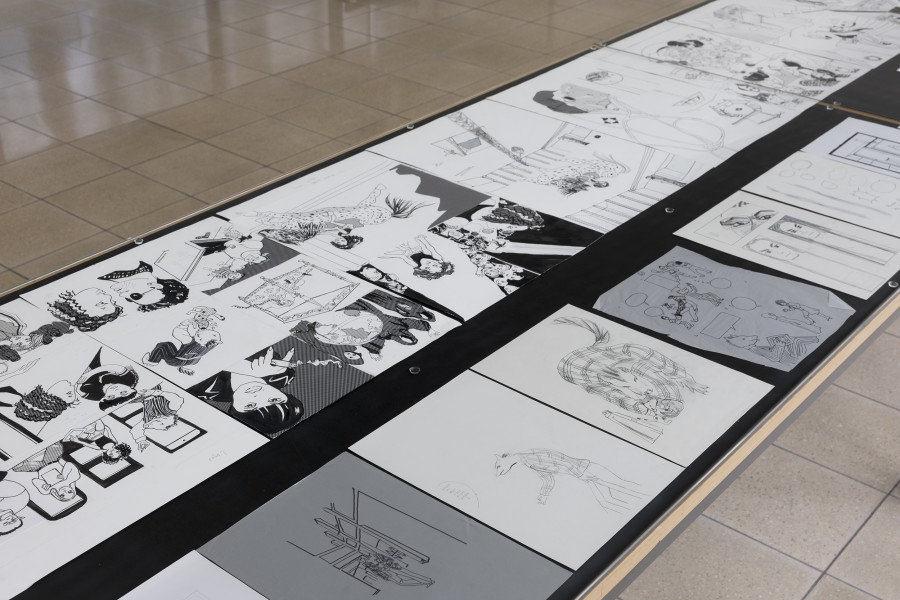 Linda Bilda, Die goldene Welt, installation view, Kunsthaus Glarus, 2025. Photo: Gina Folly. Original drawings, 29 Sheets (Excerpt), pencil, fiber pen and ink on paper, Estate Linda Bilda