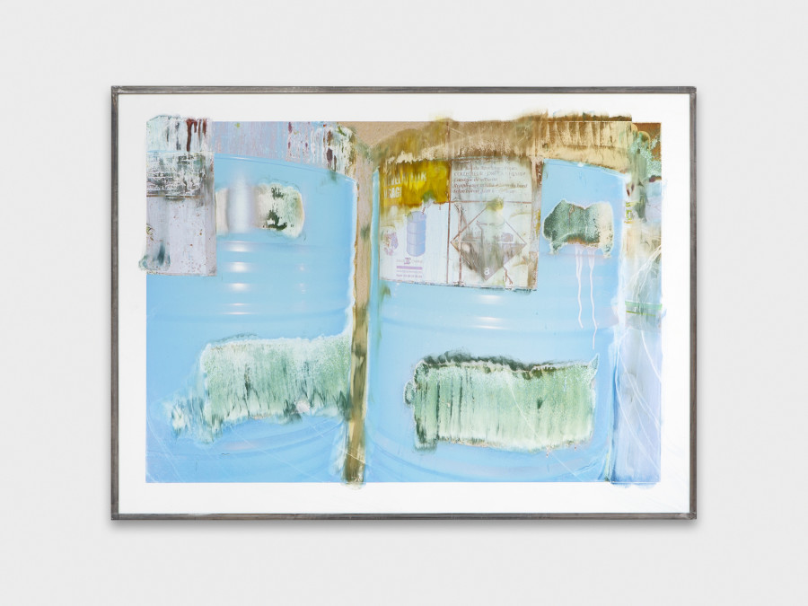 Jean-Vincent Simonet, Ink tanks (heirloom), 2022, Inkjet print on plastic foil, fingertips intervention, handmade lead frame, anti-reflective glass, 31 × 42cm. Photography: Philipp Rupp / Julien Gremaud. Courtesy of Sentiment and the artist