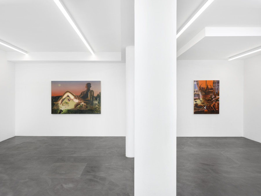 Left: Forager, 2021. Acrylic on wooden panel, 121.9 x 182.9 x 5.7 cm. Right: The Santa Anas, 2021. Acrylic on wooden panel, 121.9 x 91.4 x 5.7 cm. Photo credit: Annik Wetter