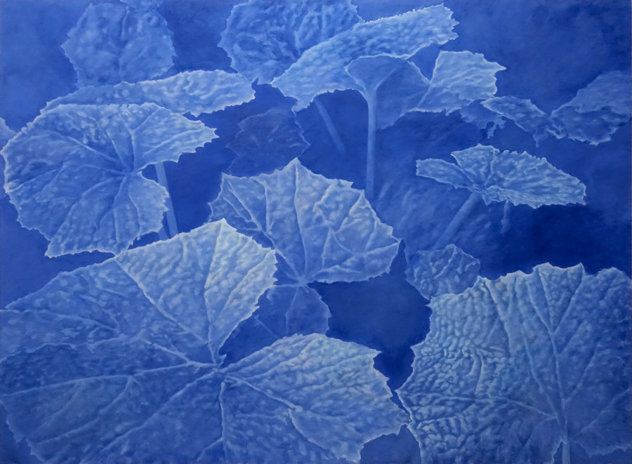 Franz Gertsch, Blaue Pestwurz, 2021, Eitempera auf ungrundierter Baumwolle Tempera on unprimed cotton, 250 x 340 cm, Besitz des Künstlers Collection of the artist © Franz Gertsch