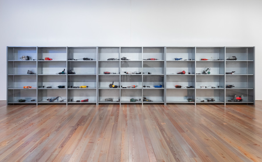 Delphine Reist, Étagères [shelves], 2007, 3 shelves in galvanized steel, Plexiglas, electric tools, electric control, Collection Institut d'art contemporain de Villeurbanne/ Rhône-Alpes, Installation view Delphine Reist. ÔL {oil, olio, huile] at Museum Tinguely, Base!, 2023, © Delphine Reist, Foto: Aurélien Mole, Photo: 2023 Museum Tinguely, Base!; Bettina Matthiessen