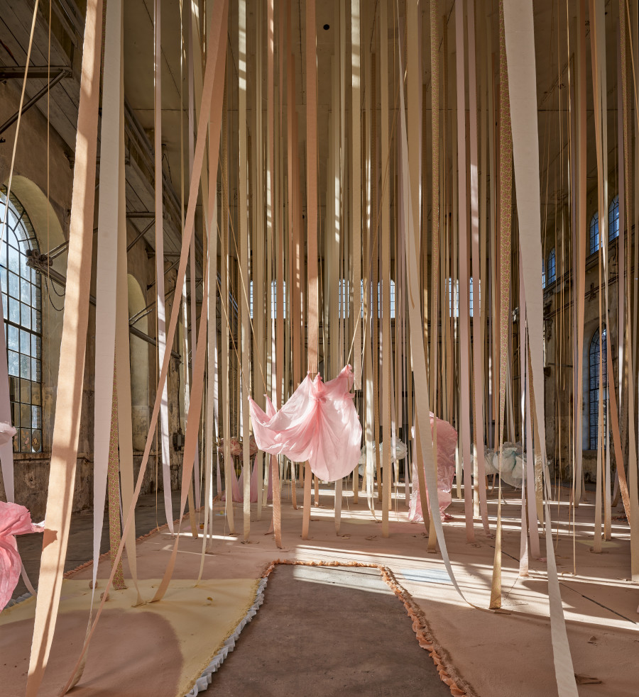 Karla Black, 'Safety As A Stance', 2025, installation view 'Karla Black', Kunstraum Dornbirn 2025, Photo Günter Richard Wett, © Karla Black, Courtesy Galerie Gisela Capitain, Cologne and Modern Art, London.