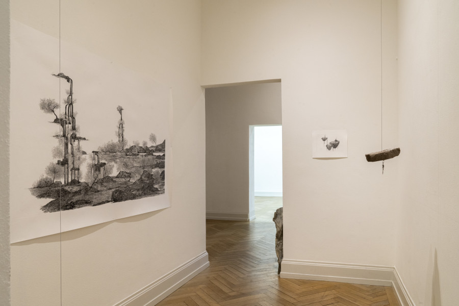 Regionale 24, installation view, room 2, NoΓ©mie Vidonne, extrait du rΓͺve COLLECTE, terrasse and Γ©toile flottante, 2023, Photo: Nina Rieben.