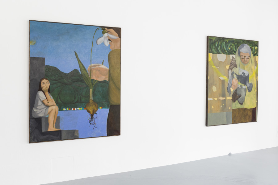 Elias Njima. Installation view: Semeuse (Ellen) / Huile sur toile / 150 x 120 cm Perce-neige / Huile sur toile / 150 x 120 cm / 2023. Photo credits: @coucoustudio.ch — A.Zermatten. Courtesy of the artist.
