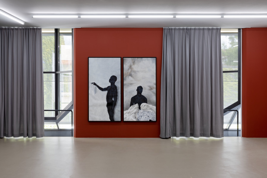 Exhibition view, When We See Us, A Century of Black Figuration in Painting, Kunstmuseum Basel, Gegenwart, 2024. Elladj Lincy Deloumeaux, La sincérité d'une promesse, 2022, Oil paint, marker, acrylic, pastel on paper, 195.5 x 101 cm, À mes yeux, 2024, Oil paint, marker, acrylic, pastel and sand on paper, 195.5 x 101.5 cm, Courtesy of the artist and Galerie Cécile Fakhoury. Photo credit: Gina Folly