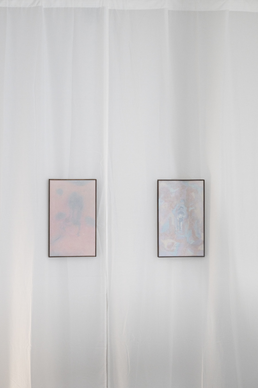 Exhibition View Solo Show Sylvain Gelewski «Spieglein, Spieglein; view on Sylvain Gelewski, The Court Jester 17 (Sky is the Limit), 2024, oil, pencil, Indian ink on canvas, walnut stain on wooden frame, 50.5 x 30.5 x 2.5 cm; The Court Jester 15 (Vigilance Constante), 2024, oil, pencil, watercolour, Indian ink on canvas, walnut stain on wooden frame, 50.5 x 30.5 x 2.5 cm» at Sihl Delta, Zurich, 2024 / Photo: Sebastian Stadler / Courtesy: The artist and Sihl Delta