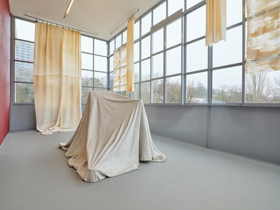 Exhibition View, ‘Stitches: A Haunted House and Other Ghost Stories’ at the Villa Bernasconi, 2026 / Photo by Nicolas Delaroche Studio. From left to right and front to back: Ryan Gander, I is... (i)., 2012, glass fiber, marble powder, Collection Lionel Aeschlimann. Li Tavor, Bright Curtains I, II, III, 2025, pigmented latex curtains, aluminum, carabiners
