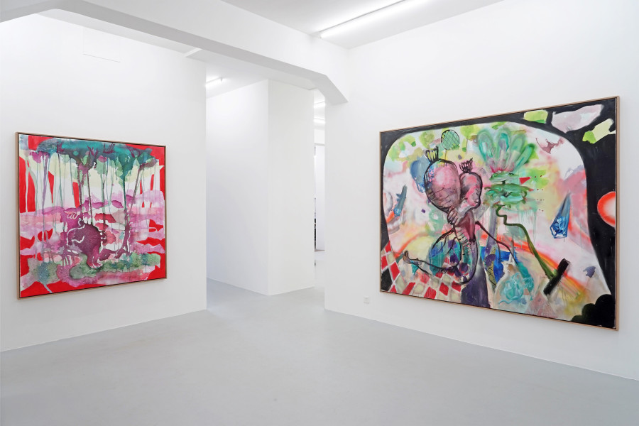 Left: Rabbit Hole, 2021. Ink, pigments (luminous paint), oil and acrylic spray paint on canvas, 170 x 160 cm / Right: Ich werde da sein und Tropfen sammeln, 2020 Ink, pigments, oil, acrylic and acrylic paste on canvas, 195 x 240 cm