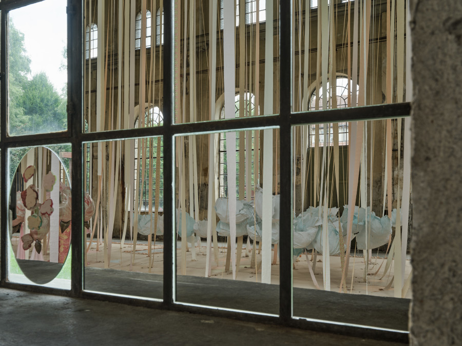 Karla Black, 'Looking Glass (picture grid)', 2025, installation view 'Karla Black', Kunstraum Dornbirn 2025, Photo Günter Richard Wett, © Karla Black, Courtesy Galerie Gisela Capitain, Cologne and Modern Art, London.