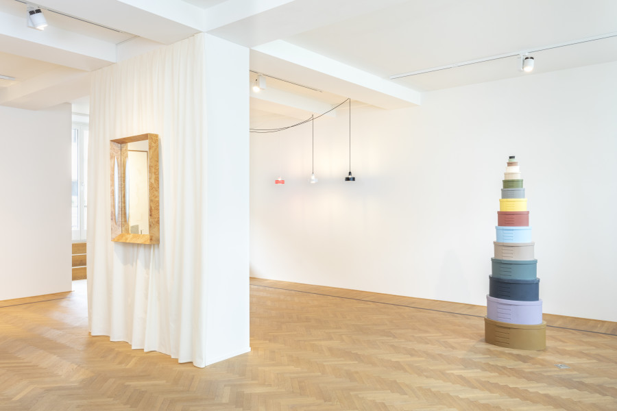 Installation shots of Interior" with works by Elena Alonso, EJR Barnes, Christian Hidaka, Caitlin MacBride, Kilian Rüthemann, Sam Stewart, Laila Tara H, Raphaël Zarka, exhibited at Galerie Fabian Lang, Zurich, (21 April 2023 - 2 June 2023). Credit: Courtesy of the artists and Galerie Fabian Lang. Copyright: © Fabian Lang
