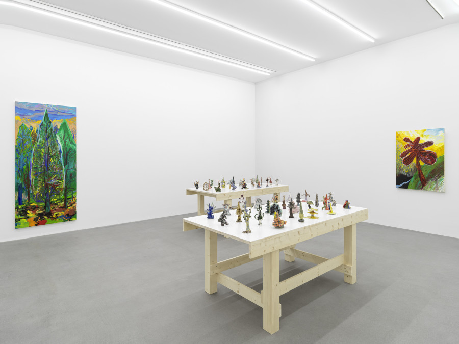 Installation view, Shara Hughes, Tree Farm, Galerie Eva Presenhuber, Waldmannstrasse, Zurich, 2024. © Shara Hughes. Courtesy the artist and Galerie Eva Presenhuber, Zurich / Vienna. Photo: Stefan Altenburger Photography, Zürich
