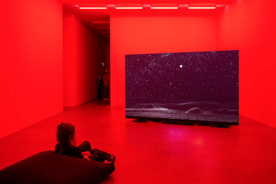 Installationsansicht Pauline Julier, A Single Universe, 8.6. – 27.10.2024, Aargauer Kunsthaus. Pauline Julier (*1981), A Million-Year Picnic – Conversations on Mars, 2024, Videoinstallation, Loop, Dauer: ca. 56’, Mit Genehmigung der Künstlerin. Mit: Prof. Dr. Didier Queloz, Direktor des Centre for Origin and Prevalence of Life, ETH Zürich; Violaine Sautter, Forschungsleiterin CNRS am Muséum national d'histoire naturelle, Forscherin in ausserirdischer Geologie, Paris; Camille Bonvin, Kosmologin, Dozentin an der Université de Genève Produziert in Kollaboration mit Théâtre Vidy-Lausanne. Foto: ullmann.photography