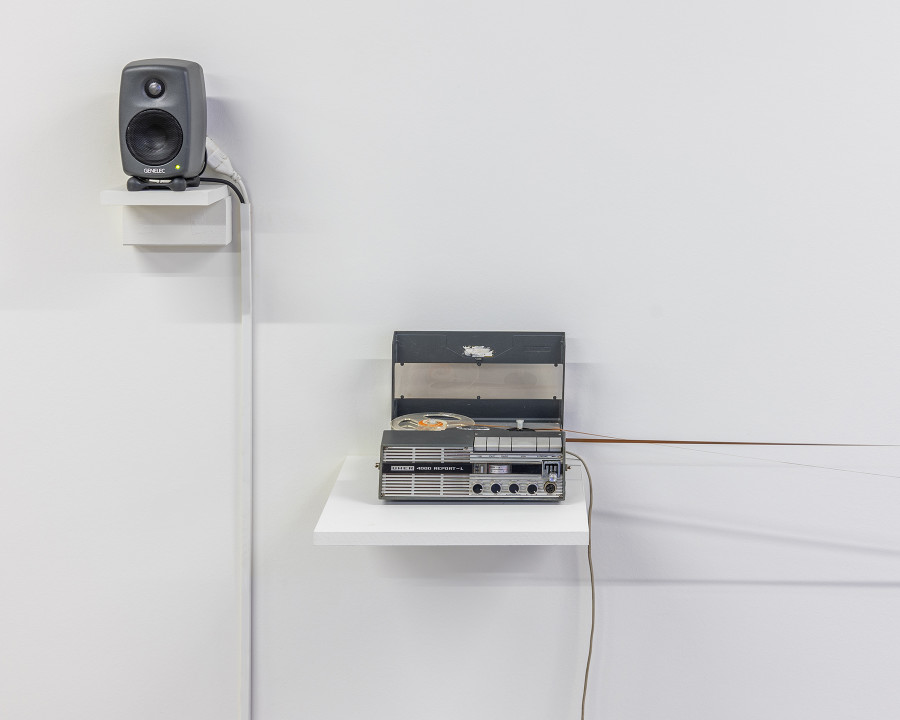 Exhibition view "F(r)ictions of Intimacy"; Thelma Cappello, Untitled, installation tape recorders, cassette tapes, voice, soundtrack, dimensions variable, 2024 (detail) at CALM - Centre d'Art La Meute, Lausanne, Switzerland, 2024 / Curation Caroline Honorien / Photo: Théo Dufloo / Courtesy of the artist-x-s and CALM - Centre d'Art La Meute.