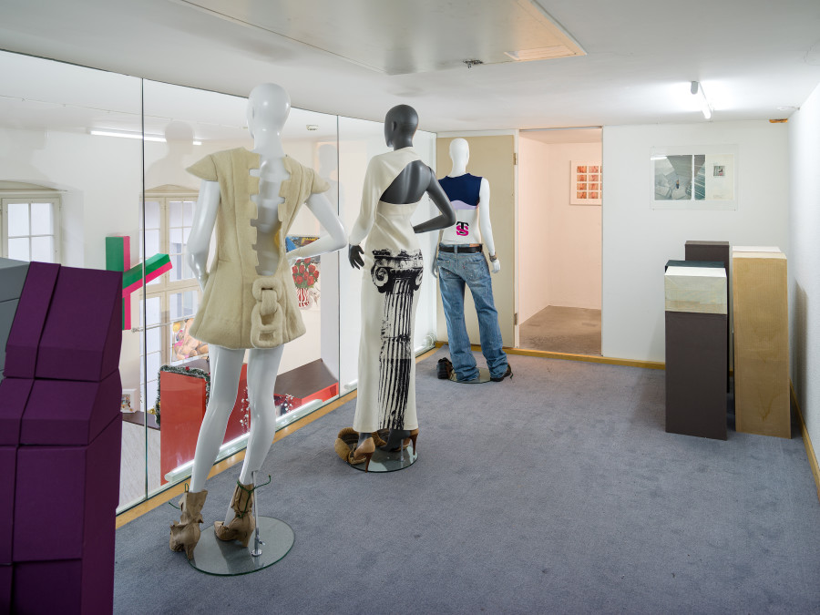 Ellen Poppy Hill, Zip Dress, 2024 & Paper Heels, 2025 / Women's History Museum, Column dress and Boxing Glove shoes, 2025 & 2024 / Jesaja Kroessin, Girl , 2025 / Leander Kreissl, Untitled, 2024 / Guy Bourdin, Various ads for Charles Jourdan, 1967– 1979, in Passage du Commerce, Kunsthalle Winterthur, 2025. Photo: Cedric Mussano