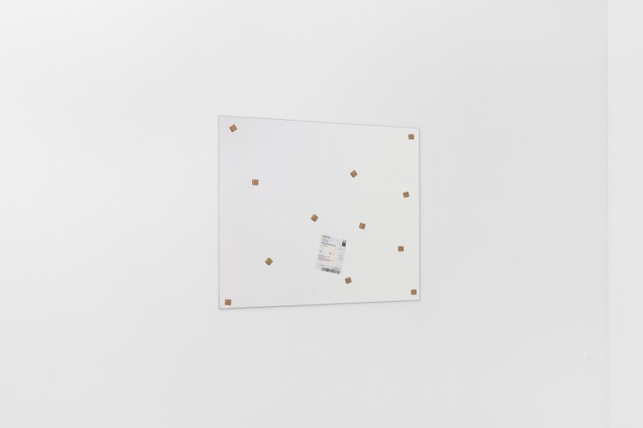 Sarah Benslimane, Untitled, 2025, Mirror, transport etiquette, cork, 60 × 76 × 1 cm. Photo credits: marytwo